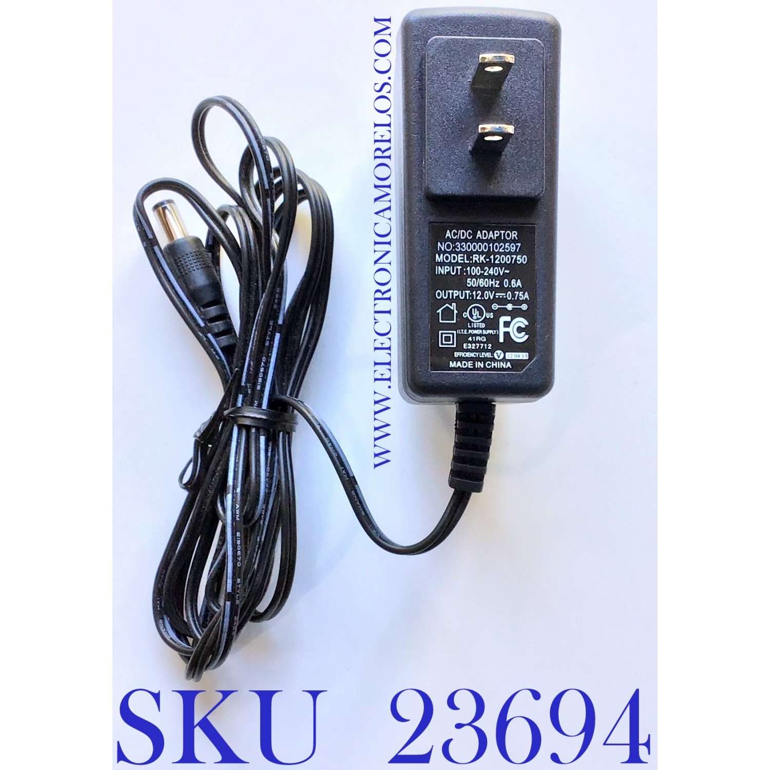 ADAPTADOR AC/DC ADAPTER / RK-1200750 / 100-240V / SALIDA VCD 12.0V -  0.7.5A  / 50-60Hz / MODELO RK-1200750	